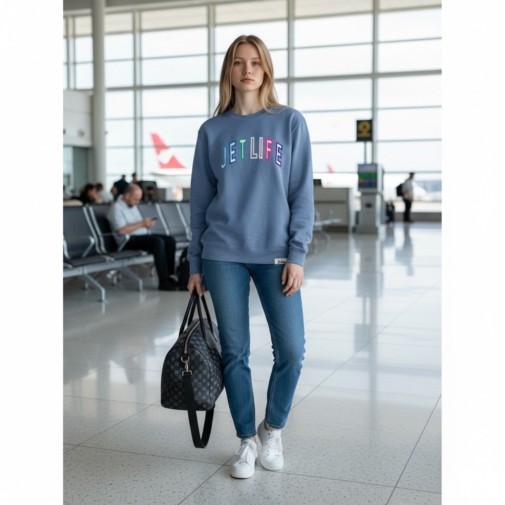 Jet Life Apparel Womens Blue Embroidered Crewneck‎ Sweatshirt Large